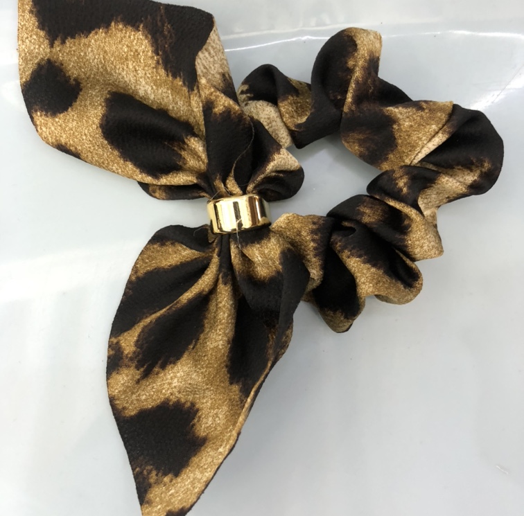 Silk leopard print bow patchwork large intestine ring coffee-colored Hong Kong jewelry