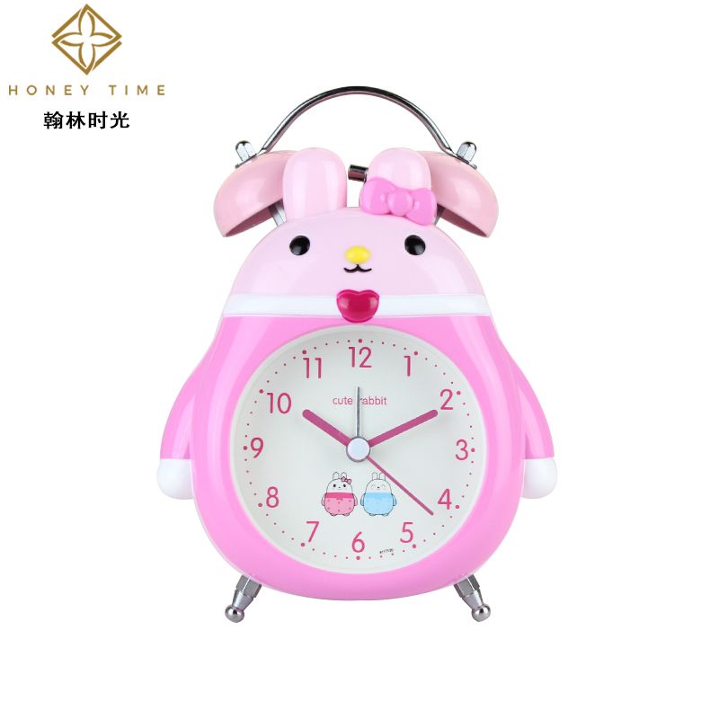 时尚可爱卡通兔子打铃敲铃闹钟儿童学生床头静音扫秒夜灯时钟表