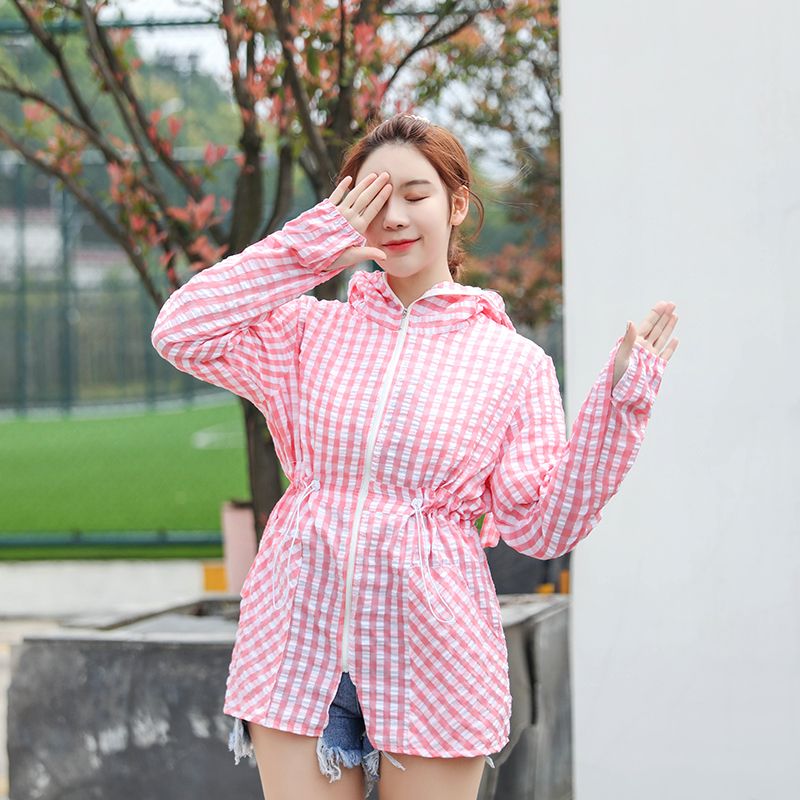 Large Plaid Polyester Seersucker Sunscreen With Hood