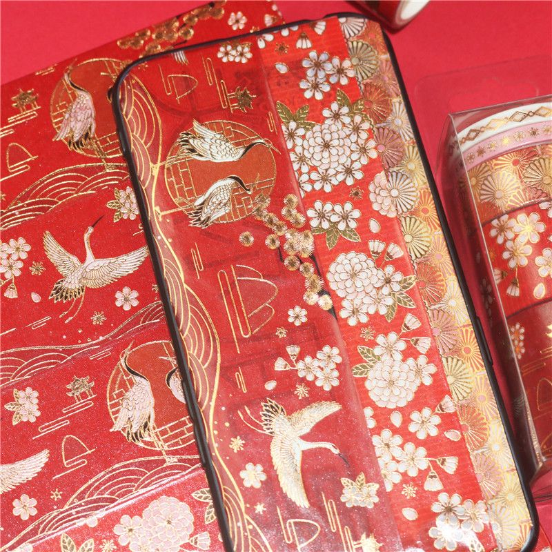5-roll set of Chinese-style gilded cranes and paper tape, ancient-style planner tape, lipstick stickers for DIY decoration detail image 6