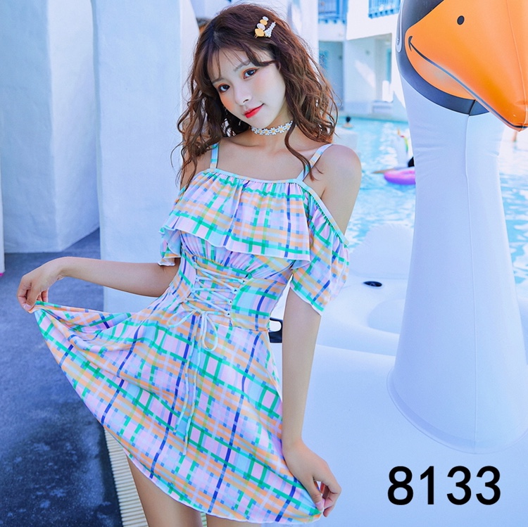 Swimsuit 8133-2 plaid striped one-piece pleated skirt