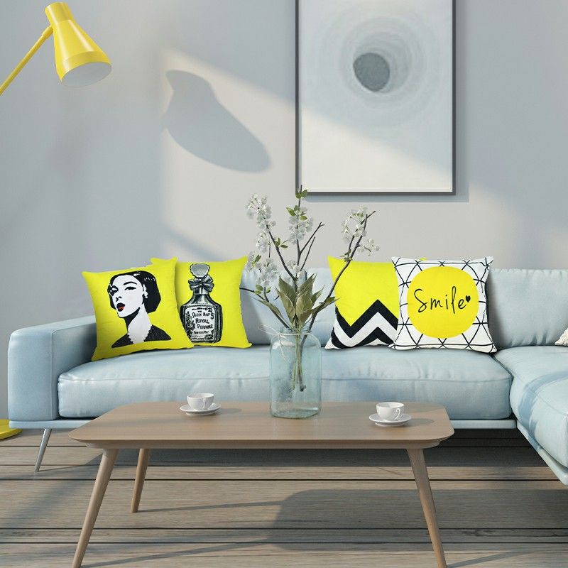 黄色系的抱枕套靠垫床上头靠家用办公室含芯印花图案方形客厅沙发