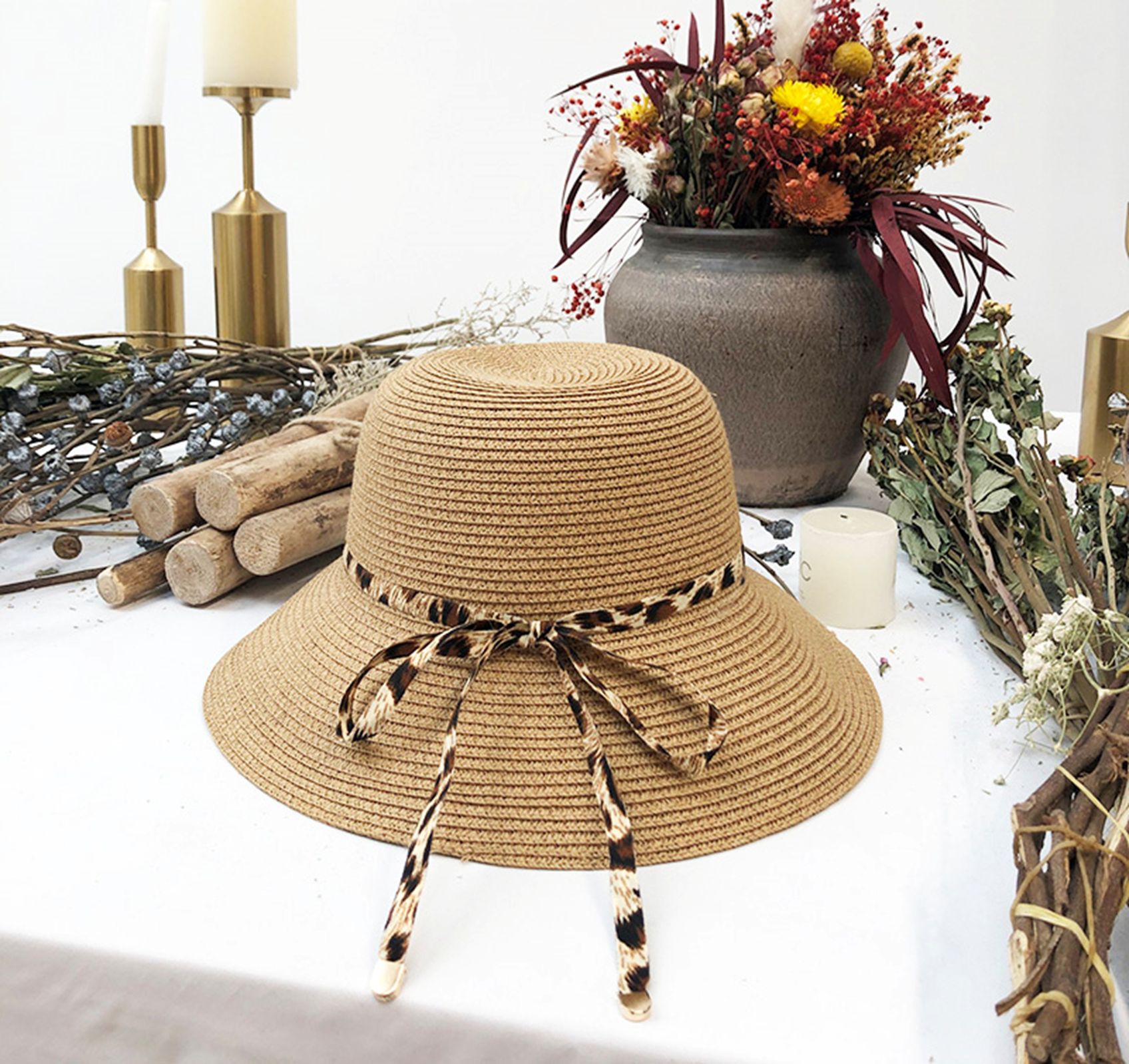Yiwu Selection European and American wind snakeskin woven ribbon decorative straw hat gray/KK203659-38380 full figure