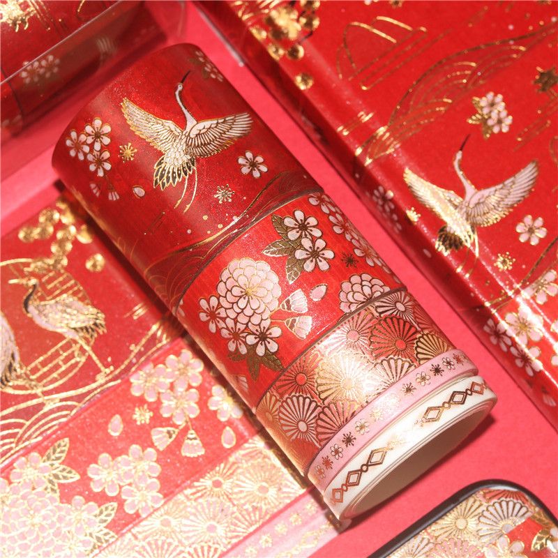 5-roll set of Chinese-style gilded cranes and paper tape, ancient-style planner tape, lipstick stickers for DIY decoration detail image 4