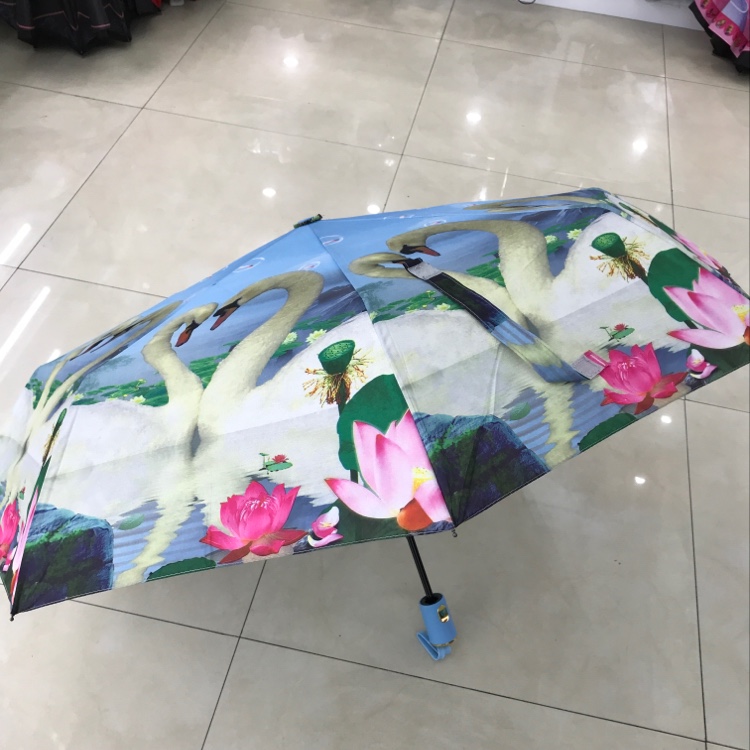 Item No. 3056B Semi-automatic heat transfer Swan Three-fold Umbrella details Picture