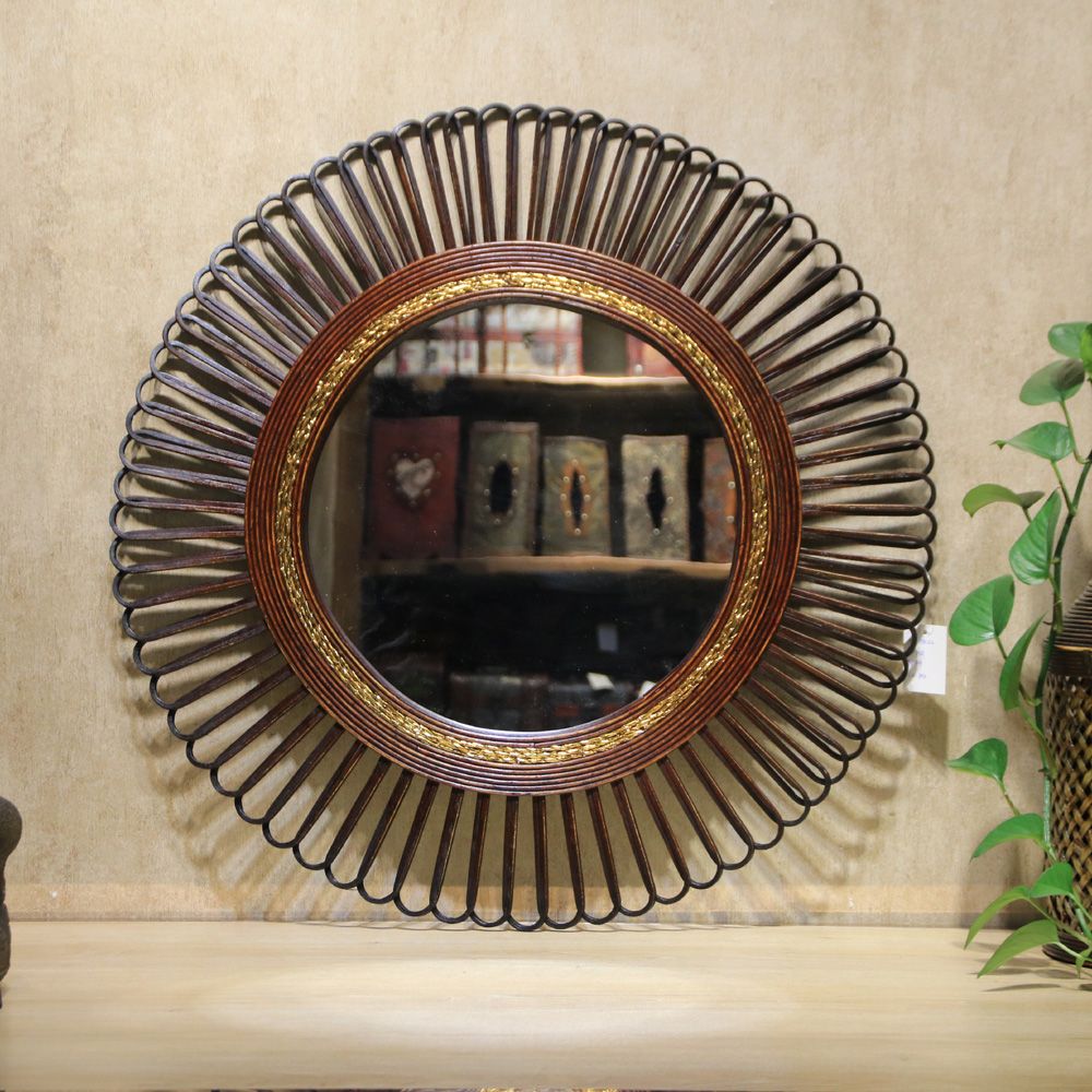 Vintage wood bamboo hanging mirror wall decoration