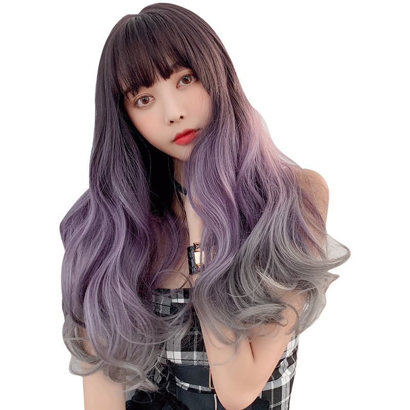 Hot style wig women large wavy gradual change long curly hair chemical fiber neat bangs wig