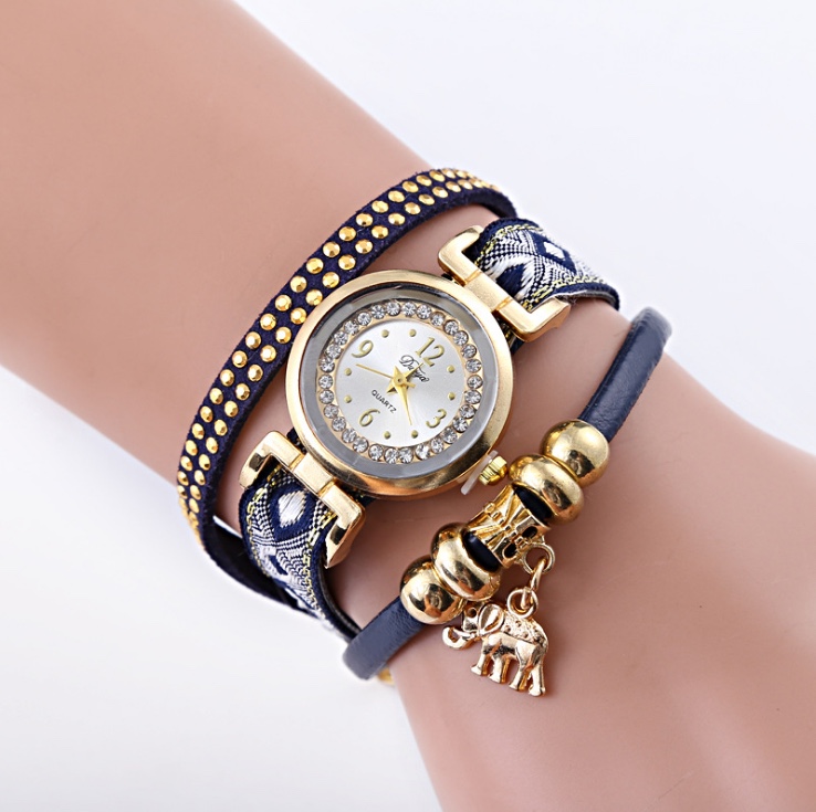 波西米亚风格金色大象吊坠女士可调节时装石英手链表产品图