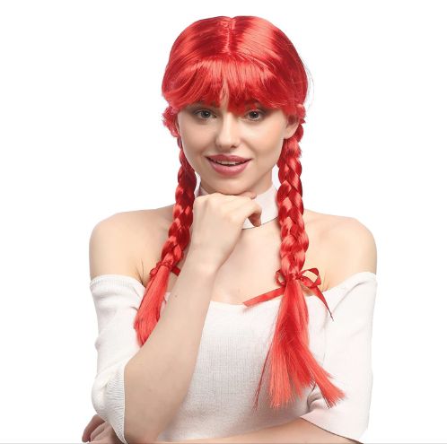 A beautiful woman with double braids, bangs and false hair