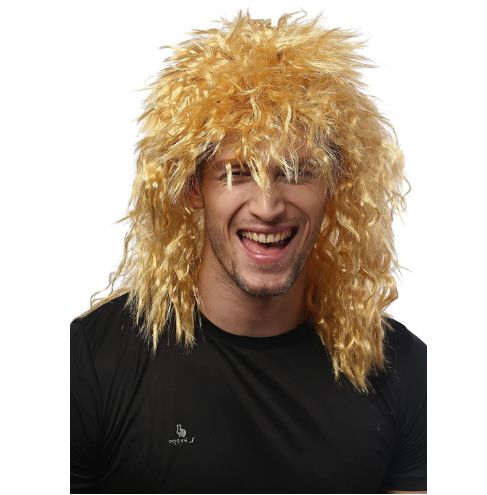 A man with a scruffy hairstyle wears a wig