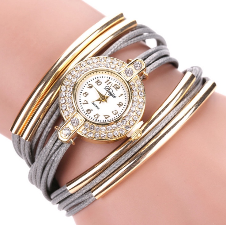 女士腕表手工编织牛皮绳手表时尚镶钻石英表女款白底实物图