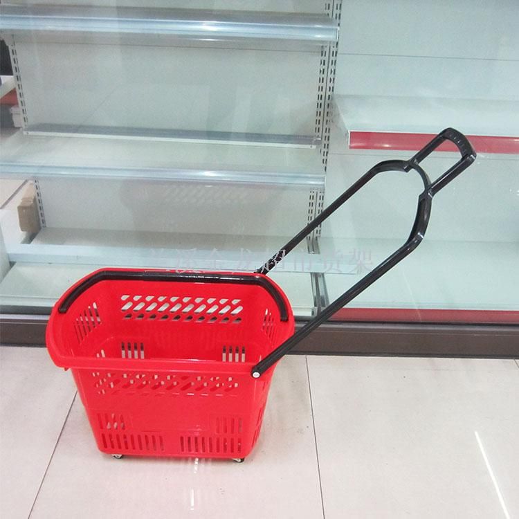 【厂家直销】带轮35L双手柄塑料便利店超市专用手提手拉购物篮