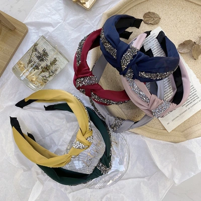 South Korea's New Quality Boutique Hair Accessories Headband Korean Version Of Simple Solid Color Super Flash Diamond Knotting Twist Knot Wide Edge Headband