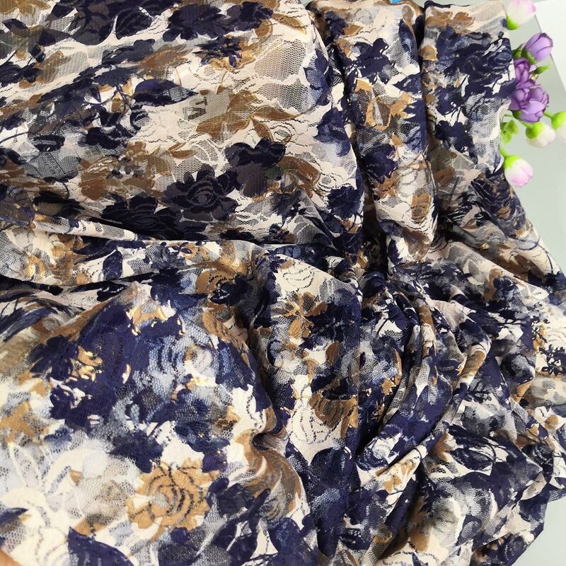 Dress top lace printed knitted fabric chiffon fabric craft fabric navy blue maple leaf details Picture