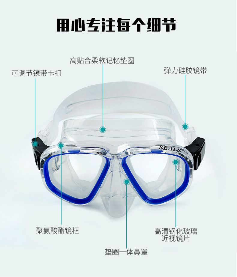 近视硅胶大框游泳潜水镜 高清防水潜水眼镜 钢化玻璃潜水面罩M87产品图
