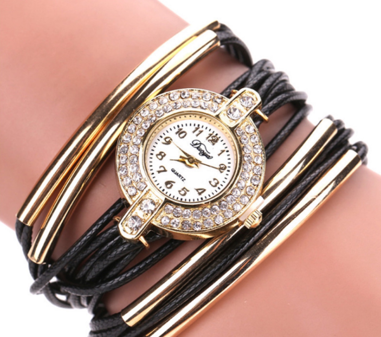 女士腕表手工编织牛皮绳手表时尚镶钻石英表女款