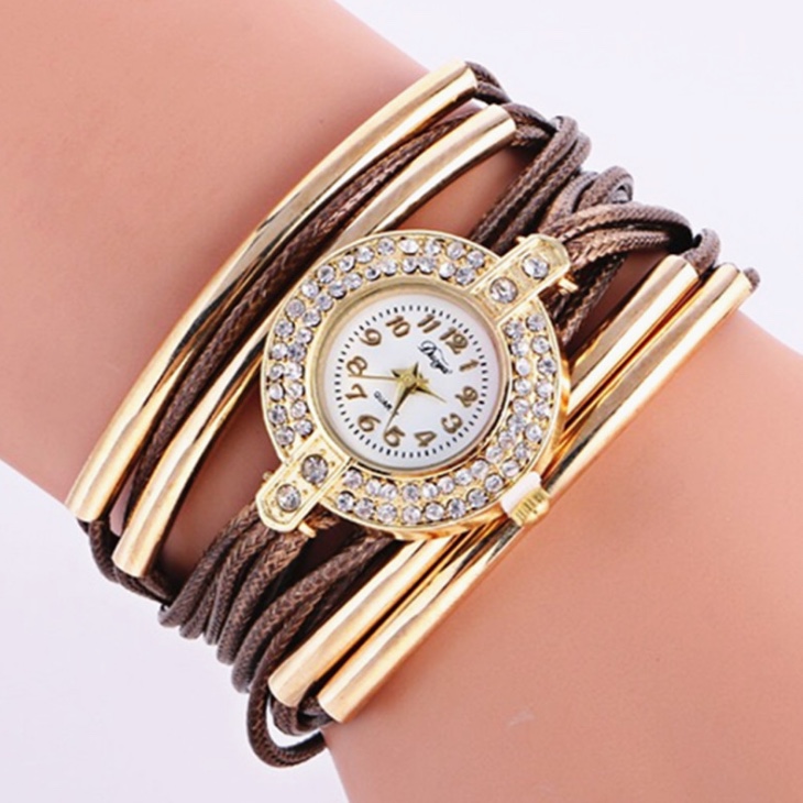 女士腕表手工编织牛皮绳手表时尚镶钻石英表女款细节图