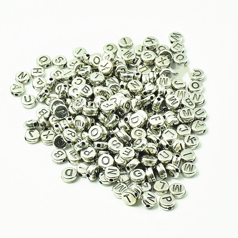 Acrylic beads 26 English letters and Numbers square flat beads powder DIY children's puzzle beads silver on black