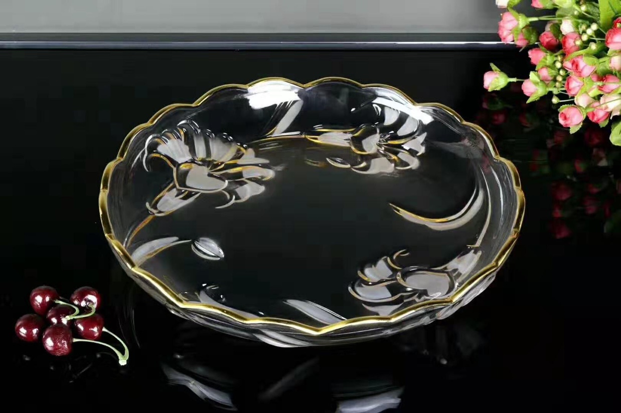 水晶磨砂描金牵手花果盆厂家直销当季新品可批发高颜值高质量