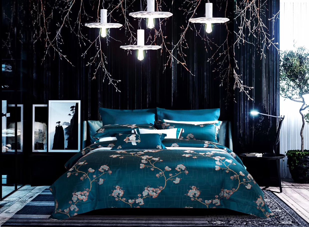 Luxurious jacquard four-piece set with blue flowers