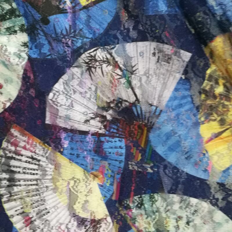 Lace printed cheongsam women's clothing fabric, ink-wash painting cashew nuts, Chinese style flower patterns, various mesh fabric fans Specification image