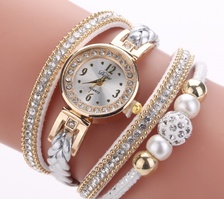 珍珠女款手链表 女士手链表 时尚编织麻花镶钻石英手表