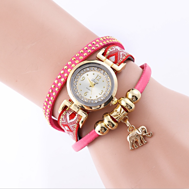 波西米亚风格金色大象吊坠女士可调节时装石英手链表细节图