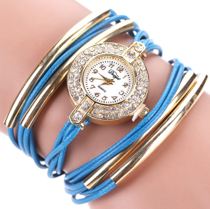 女士腕表手工编织牛皮绳手表时尚镶钻石英表女款产品图