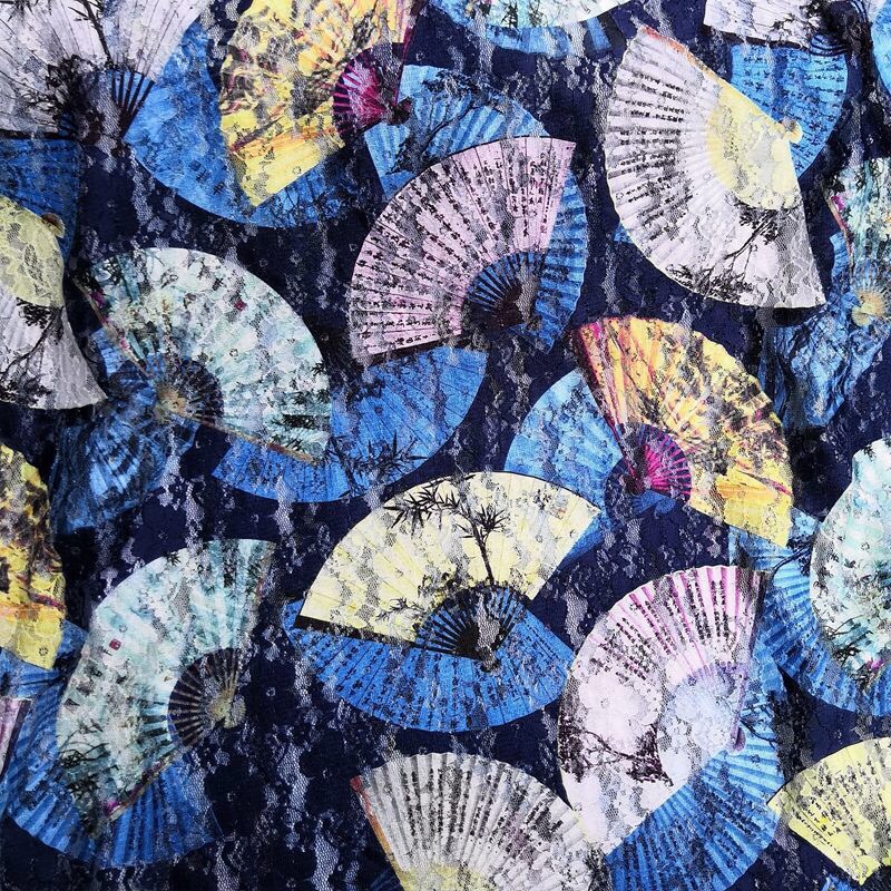 Lace printed cheongsam women's clothing fabric, ink-wash painting cashew nuts, Chinese style flower patterns, various mesh fabric fans details Picture