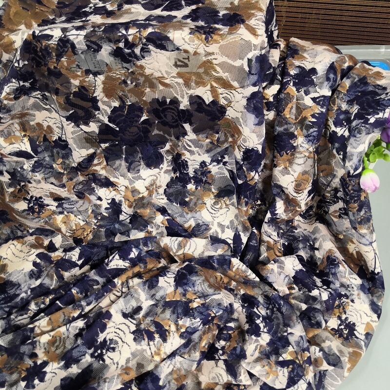 Dress top lace printed knitted fabric chiffon fabric craft fabric navy blue maple leaf Specification image