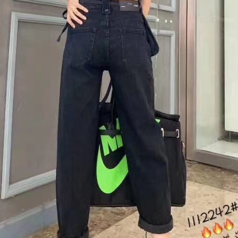 深蓝色牛仔裤女直筒裤高腰宽松九分阔腿老爹秋季哈伦烟管裤子