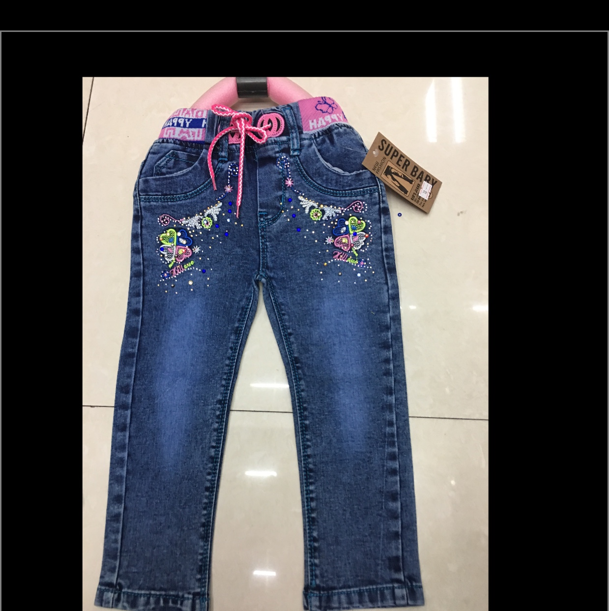 Girls love embroidered beaded denim trousers thumbnail