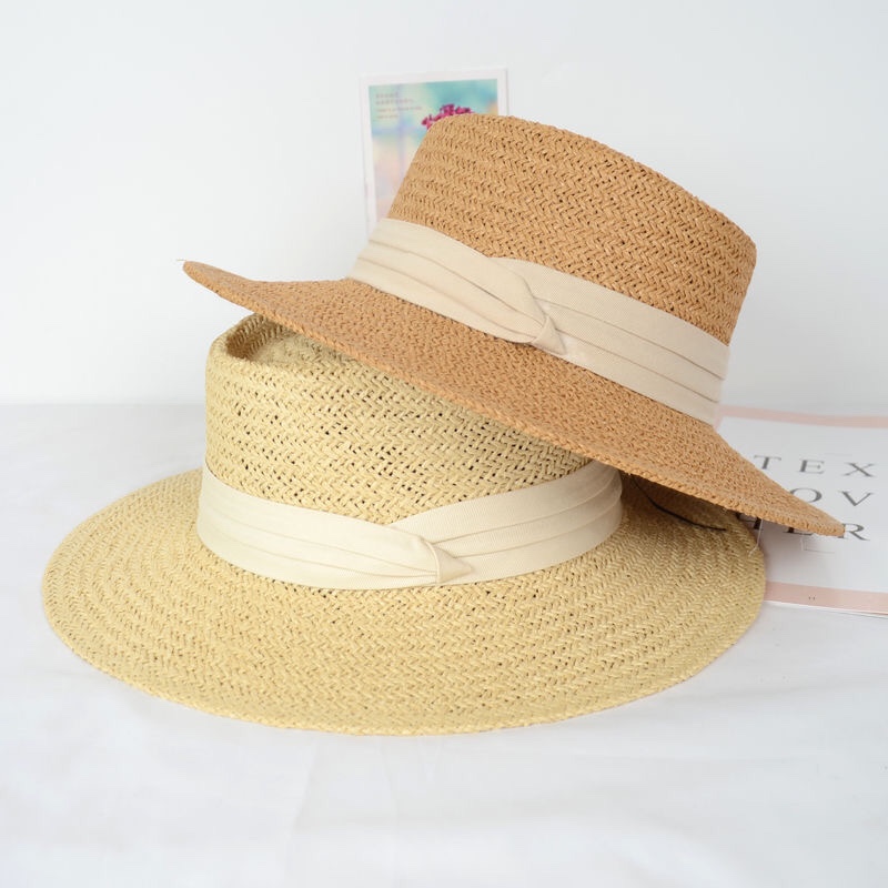 ins网红同款平顶草帽女夏度假出游防晒沙滩帽英伦海边大檐帽遮阳