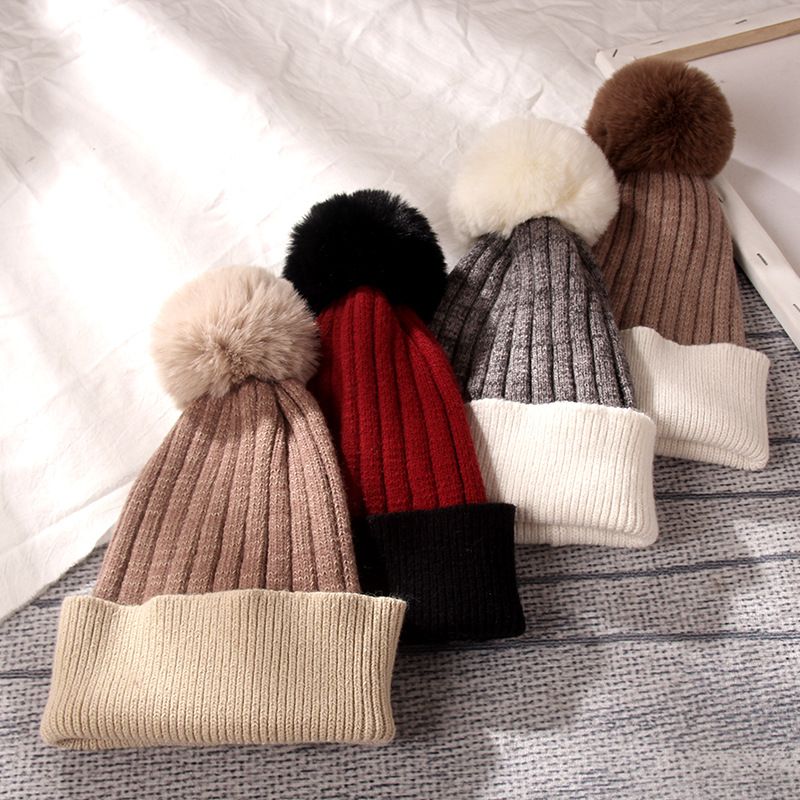 韩版秋冬季帽子女加厚保暖百搭毛球毛线帽时尚拼色休闲百搭针织帽