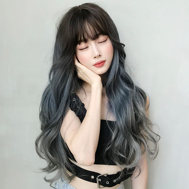 Hot style wigs for women with long hair with large wavy shades of blue and grey
