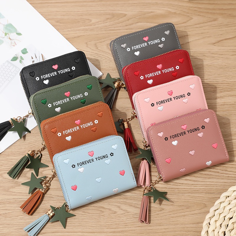 韩版新款钱包女士长款拉链大容量手机包百搭爱心彩色手拿包