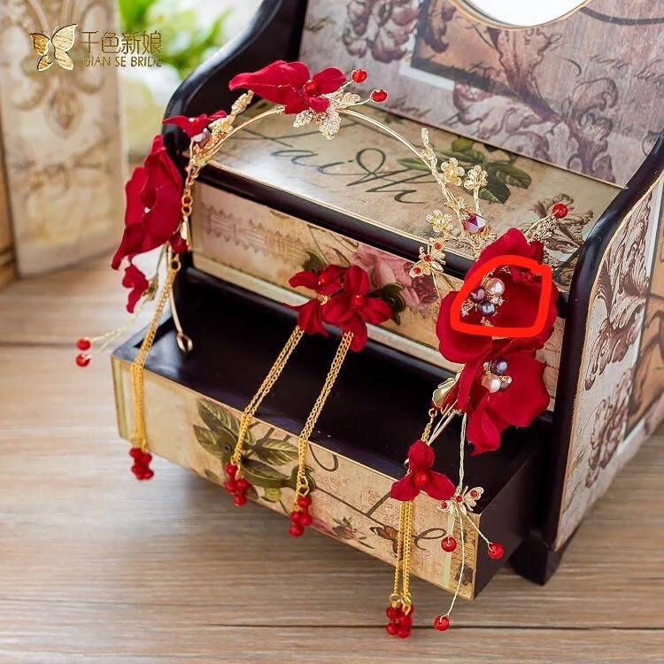 新娘头饰酒红缎带对夹颈链套件 新娘头饰大花头扣头饰详情1