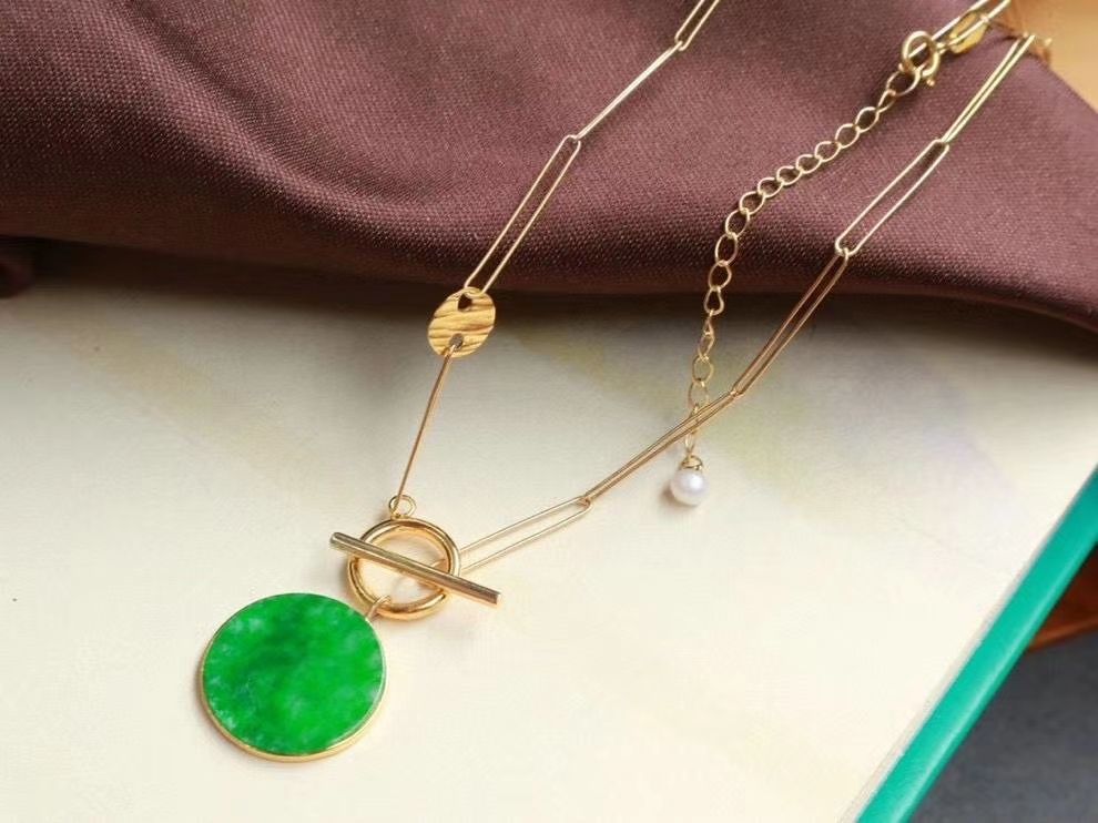 巴洛克风格 18k金镶嵌天然翡翠大饼项链 链身为进口手工链 可调节详情图1