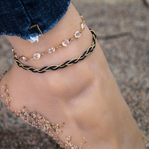 跨境热销脚链 欧美时尚复古编织金属珠链裸钻双层个性沙滩脚饰品