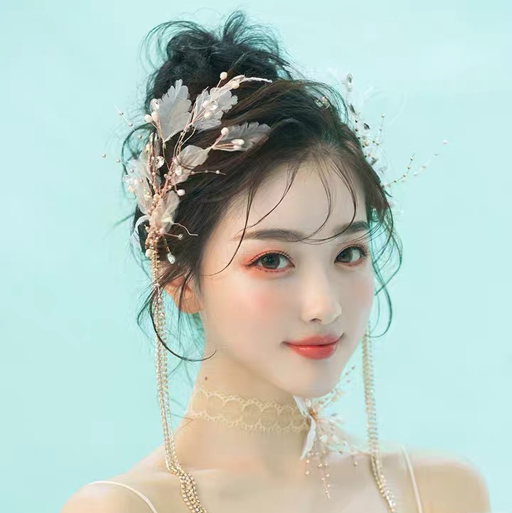 Bridal Tiara With Long Chain White Clip