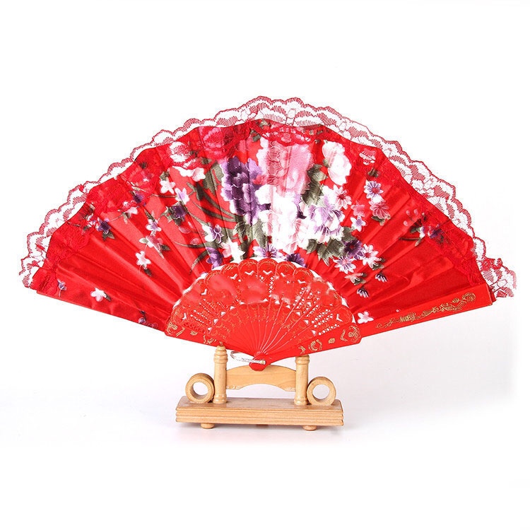 折叠扇子中国风 中国古风折扇 夏季日式折扇复古学生花边蕾丝烫金稠布扇产品图