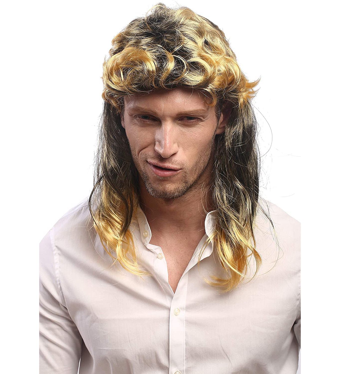 Two-color upturned bangs men's mid-length curly wig