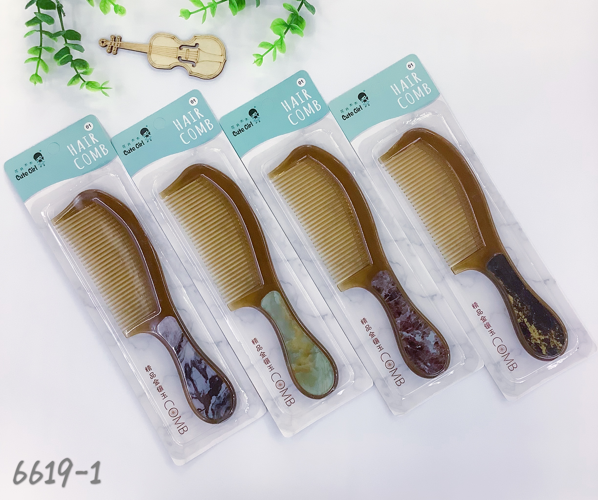 Dark-shaped comb with a marble-patterned hairstyle details Picture