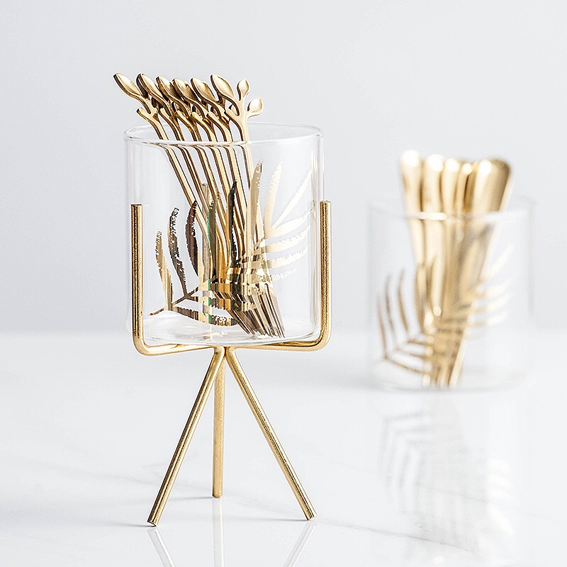 欧式电镀水果叉收纳，骨瓷描金果叉罐