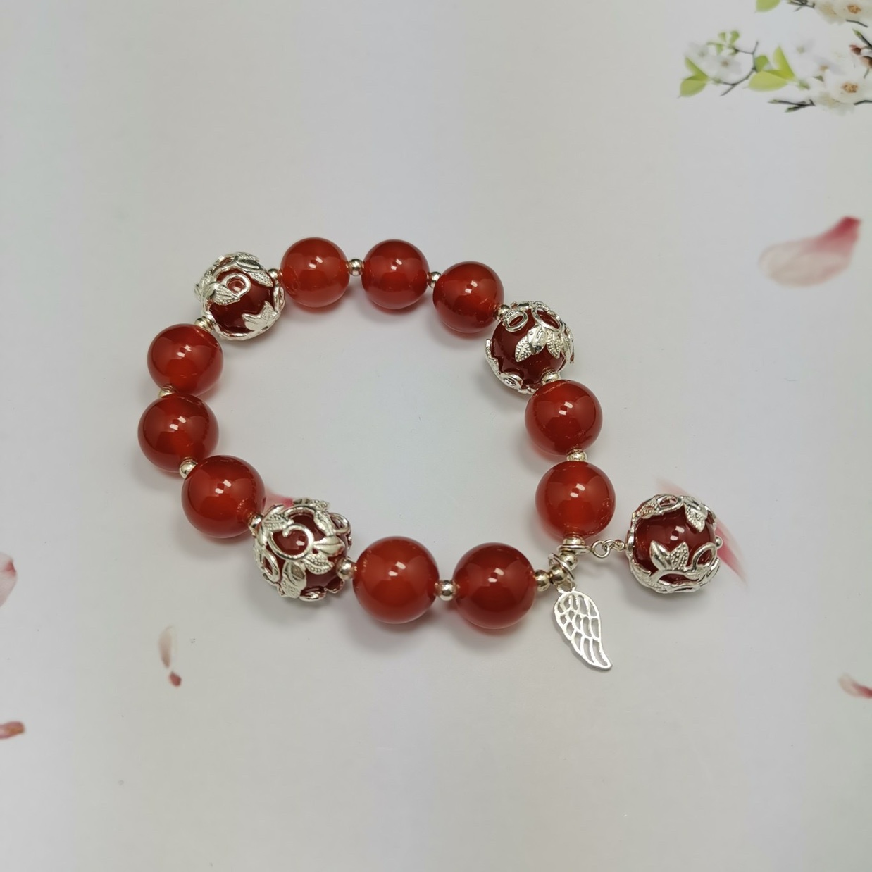 进口天然红玛瑙S925银手串