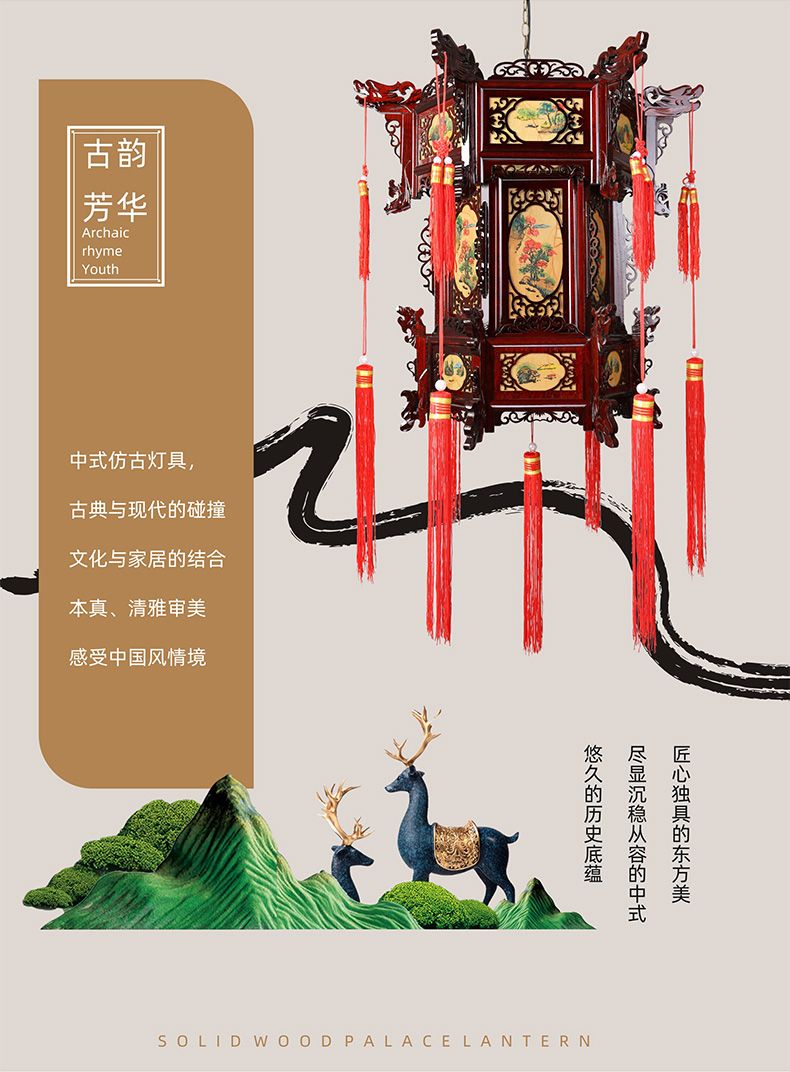 80#中式实木灯笼仿羊皮六角宫灯八仙木质木雕阳台大门茶楼吊灯详情图8