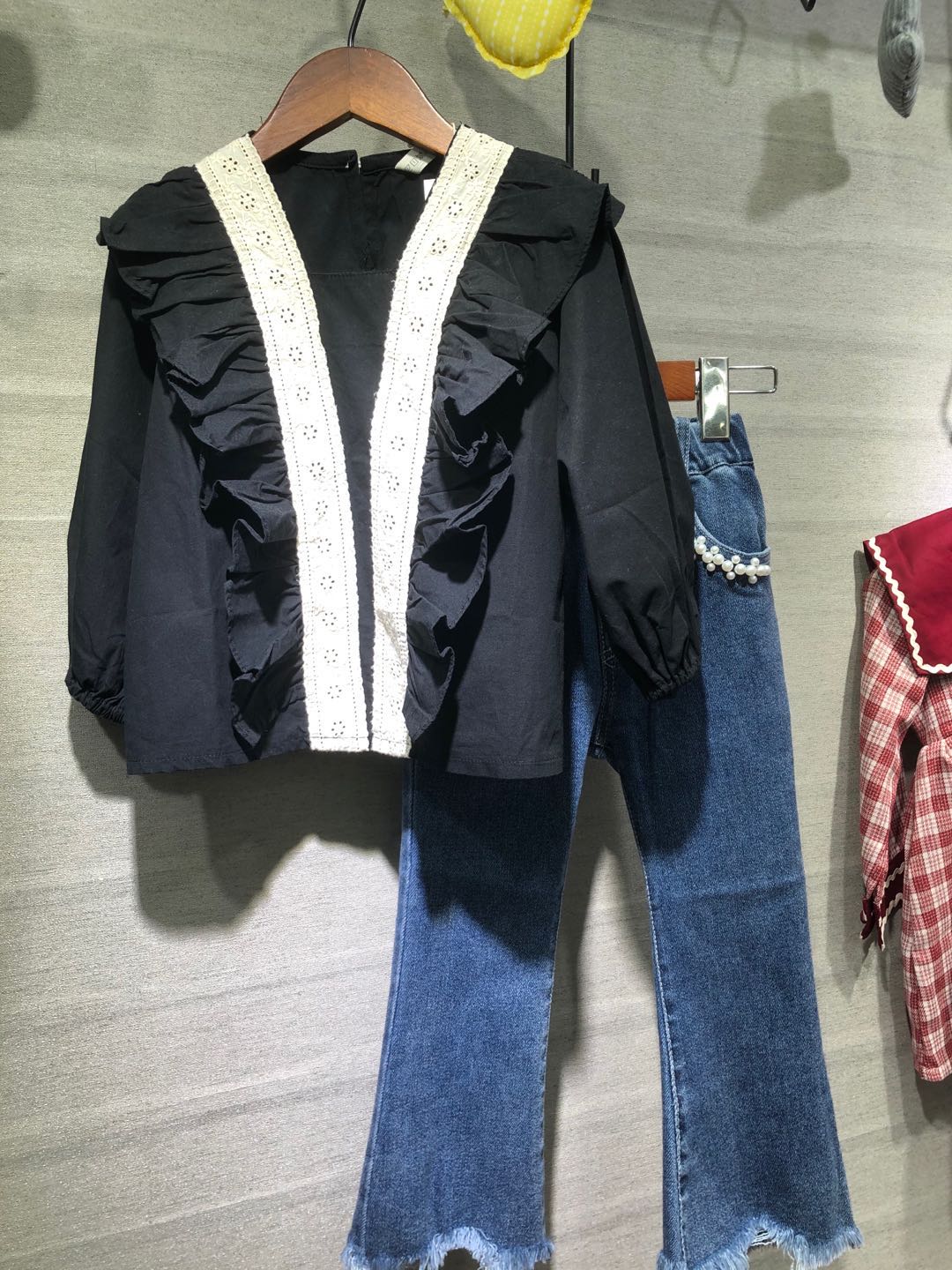 Black coat, jacket, jeans set thumbnail