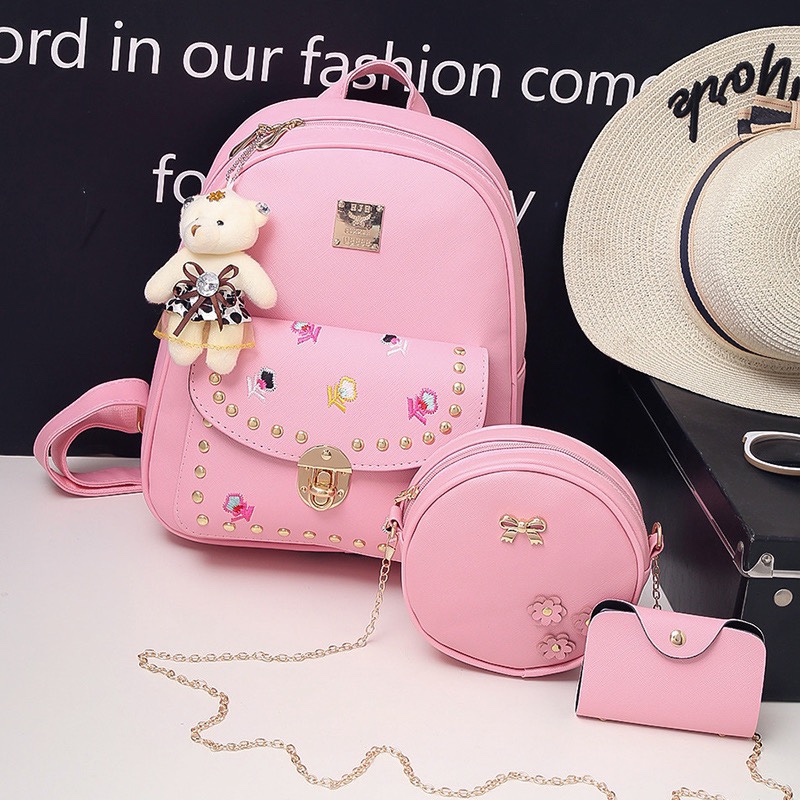 绣花Pu was背包可爱时尚书包双肩包三件套背包