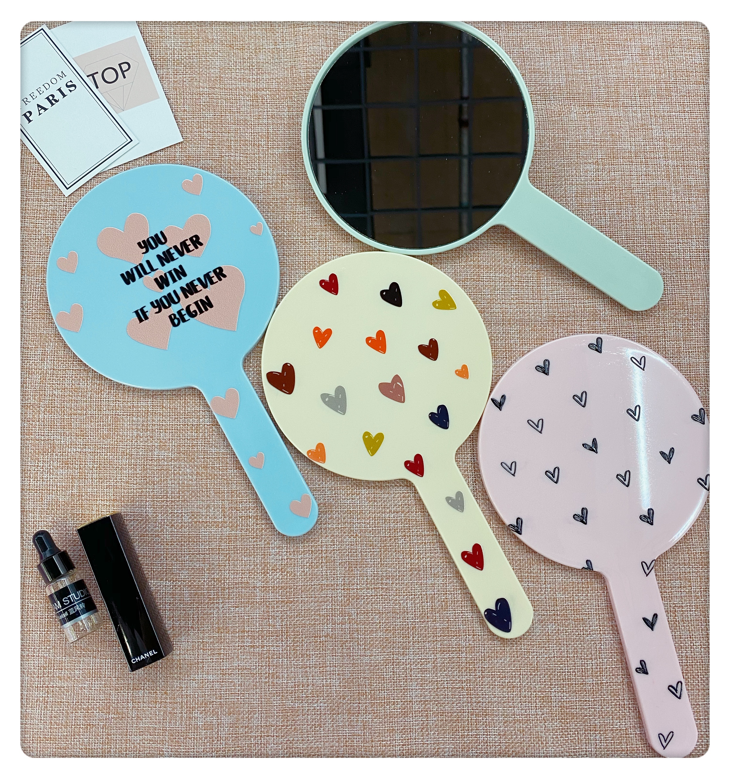 Colorful circular hand-held mirror with painted handle mirror Application Scenario