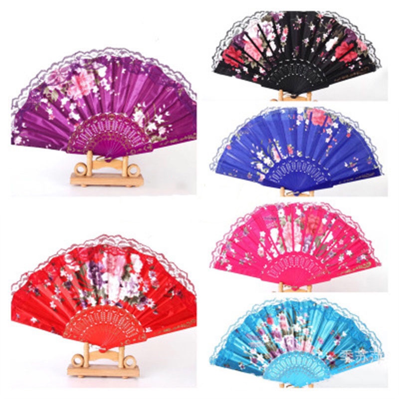 折叠扇子中国风 中国古风折扇 夏季日式折扇复古学生花边蕾丝烫金稠布扇详情图7